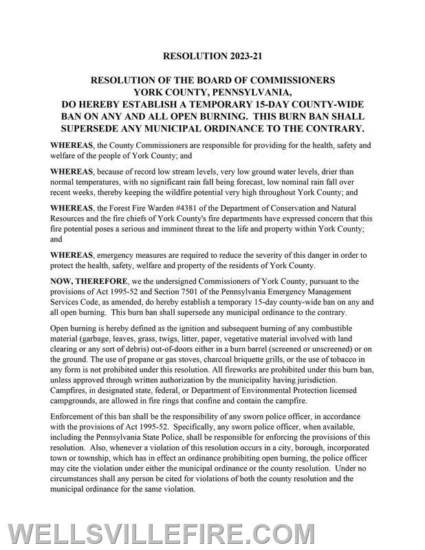 York County Burn Ban Wellsville Fire Company